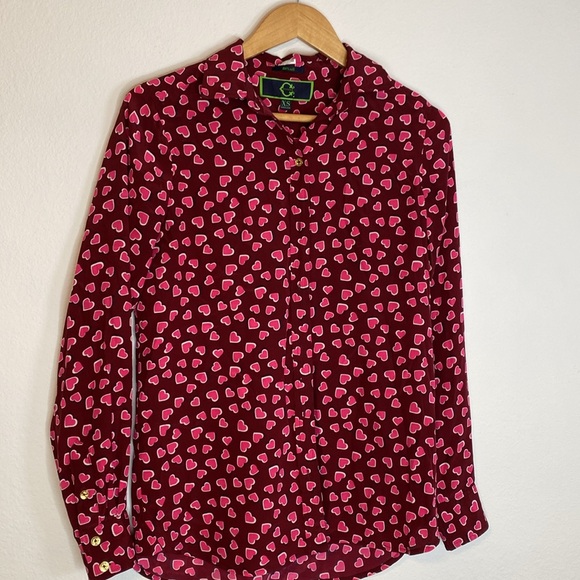 C. WONDER 100% Silk Heart Print Collared Button Down Blouse, Size XS - Picture 1 of 6
